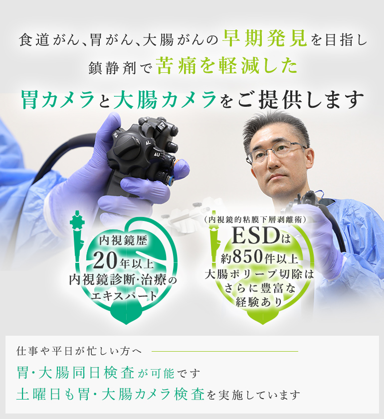 食道がん、胃がん、大腸がんの早期発見を目指し
鎮静剤で苦痛を軽減した胃カメラと大腸カメラをご提供します 内視鏡歴20年以上内視鏡診断・治療のエキスパート/ESDは約850件以上大腸ポリープ切除はさらに豊富な経験あり 仕事や平日が忙しい方へ 胃・大腸同日検査が可能です 土曜日も胃・大腸カメラ検査を実施しています